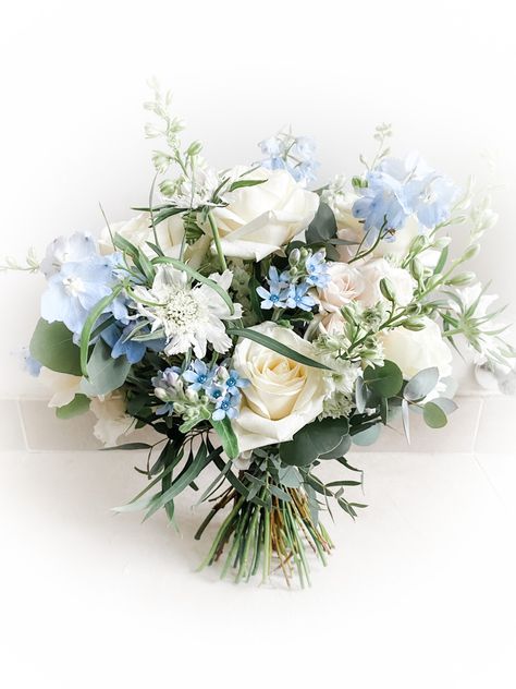 Blue Summer Wedding Flowers, Blue Accent Bouquet, White Blue Wedding Bouquet, Blue Bridesmaids Bouquets, Light Blue Flowers Wedding, Ivory And Blue Wedding Bouquet, White And Blue Bouquet Wedding, Light Blue Bridal Bouquet, Dusty Blue Flowers Bouquet