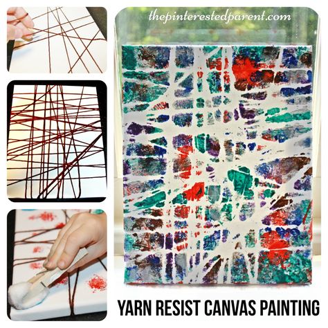 Yarn Resist canvas painting. Kid's arts and crafts projects Canvas Painting Ideas Preschool, Painting With Yarn On Canvas, Youth Art Projects, Unique Art Projects For Kids, Toddler Painting, Easy Arts And Crafts, Art And Craft Videos, Easy Canvas Painting, Camping Art