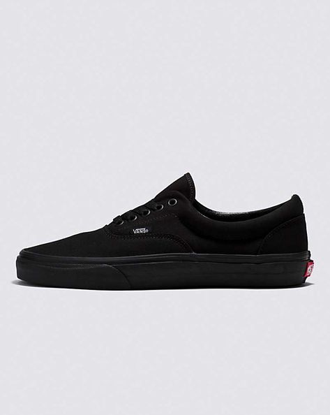 Vans | Era Black/Black Classics Shoe Black Sneakers With Vulcanized Sole For Skateboarding, Black Vulcanized Sole Sneakers For Skateboarding, Black Skate Shoes With Logo Patch And Round Toe, Black Round Toe Skate Shoes With Logo Patch, Vans Black Canvas Shoes For Streetwear, Black Urban Vans Canvas Shoes, Black Vans Canvas Shoes For Streetwear, Black Casual Skate Shoes With Rubber Toe Cap, Casual Black Skate Shoes With Rubber Toe Cap