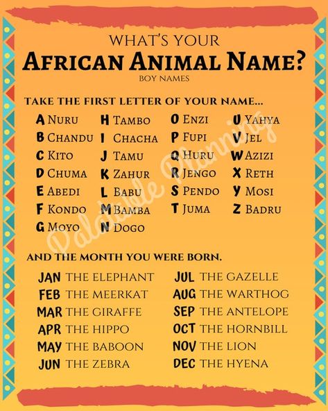 This game is great for birthday party celebrations and will go well with Lion King inspired birthday decorations!   Kids (and adults too) will have a great time finding out what their African animal name is. This game will encourage interaction between kids as they become curious about what the names of others are. Lion King Party Games, Lion King Birthday Party Games, Lion Themed Party Games, Wild Animal Party Games, Lion King Birthday Activities, Safari Birthday Games Party Activities, Lion King Names, Jungle Decorations, Lion King Party