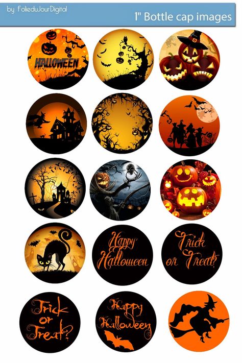 Halloween free digital bottle cap images 1"        1" bottle cap images / 4x6" paper / 300dpi  - You can print and use them for your art ... Décoration Table Halloween, Bottle Cap Table, Bottle Cap Projects, Imprimibles Halloween, Bottle Cap Jewelry, Hantverk Diy, Table Halloween, Bottle Cap Magnets, Image Halloween