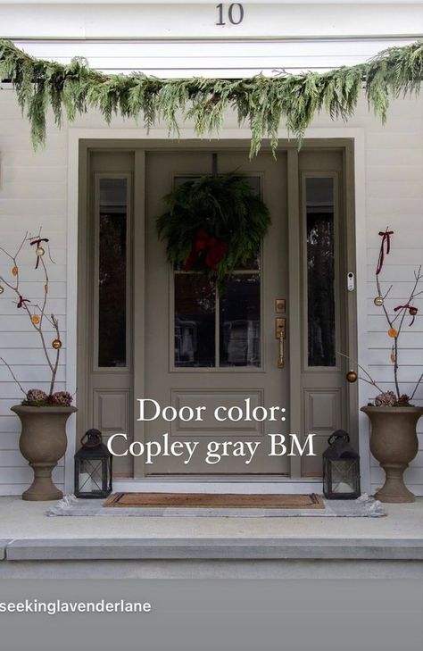 Mushroom Color Front Door, Tan House Front Porch, Tan Front Door Colors, Tan House Front Door Color Ideas, Neutral Front Door Colors, Woodharbor Cabinets, Taupe Front Door, Shutter Colors For Tan House, Tan Front Door