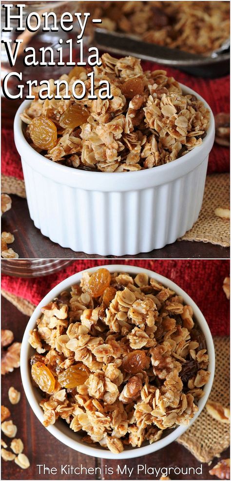 Bowl of Homemade Honey-Vanilla Granola Honey Granola Recipe, Vanilla Granola, Honey Granola, Yummy Healthy Snacks, Granola Healthy, Granola Recipe, Golden Raisins, Pure Honey, Honey Recipes