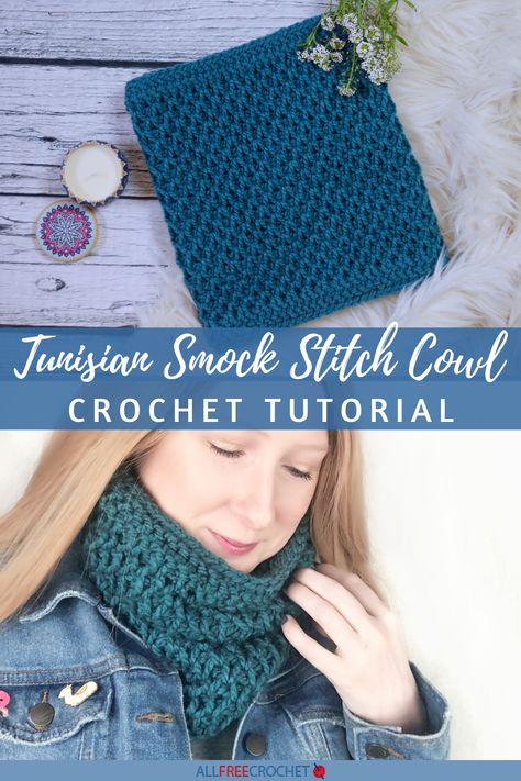 Free Tunisian Smock Stitch Cowl Pattern Crochet Infinity Scarf Free Pattern, Advanced Crochet Stitches, Tunisian Crochet Hook, Advanced Crochet, Tunisian Crochet Patterns, Crochet Cowl Pattern, Crochet Scarf Pattern Free, Crochet Infinity Scarf, All Free Crochet