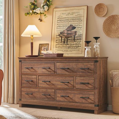 PRICES MAY VARY. Richly Rustic Aesthetic: This large 7 drawer dresser’s crisp, clean and quaint profile is enriched with a striking weathered oak grain with distressed finish and thick plank styling for that much more rustic warmth. Antiqued nailhead trim and handle pay homage to country farmhouse, making for a chic look loaded with charm, eamlessly complementing any furniture and decor style. Multi-Storage Purpose: Measuring L54"*W15.5"*H31.25". This long dressers for bedroom boasts an immense Light Wood Dresser, Rustic Closet, Closet Dresser, Dresser In Closet, Large Chest Of Drawers, Cottage Room, Bedroom Large, Oak Dresser, Dresser For Bedroom