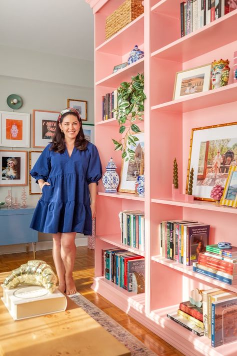 "As a historian of the early modern world, I love finding inspiration from the past. I would also say that my style is unapologetically feminine and playful since I have the luxury of living alone," she continues. "I believe your home should bring you joy!"  Credit: <a href="https://www.apartmenttherapy.com/authors/amanda-archibald">Amanda Archibald</a> Pink Bookcase, Traditional Bedrooms, Accent Wall In Kitchen, A Studio Apartment, Decorating Advice, Finding Inspiration, Living Alone, Dream Apartment, Cottage Living