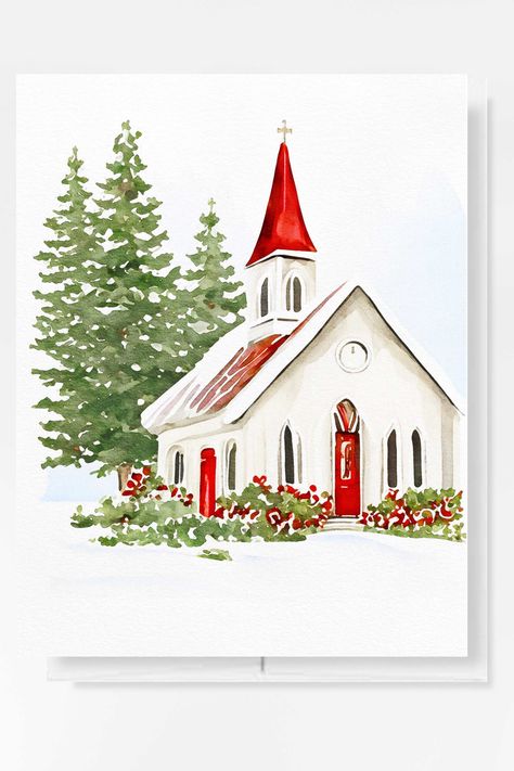 Christmas Cards Painted Acrylic, Christmas Village Watercolor, Watercolor Wedding Gift, Watercolor Candy Cane, Watercolor Nativity Christmas Cards, Simple Watercolour Christmas Cards, Christmas Paintings Watercolor, Christmas Church Painting, Christmas House Drawing