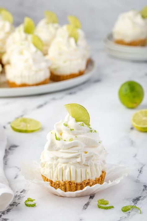 If you love creamy cheesecake with a punch of citrus, these mini no bake key lime cheesecakes are for you! Mini Key Lime Cheesecakes, Lime Cheesecake No Bake, No Bake Key Lime Cheesecake, Key Lime Cheesecake Recipe, Key Lime Pie Cheesecake, No Bake Key Lime, Mini Key Lime Pies, Crazy For Crust, Key Lime Cheesecake