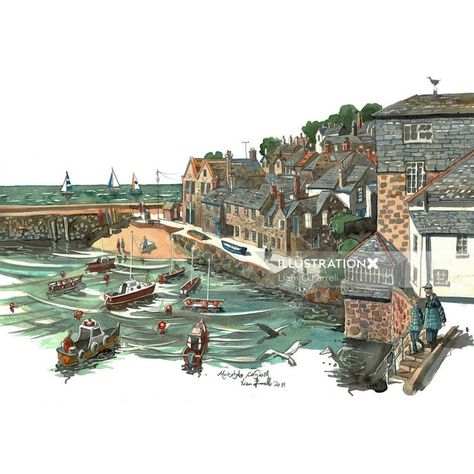 Painting of the harbour of Mousehole in Cornwall. Harbour Illustration, Harbour Paintings, Cornwall, Big Ben, Sci-fi Spaceship, Sci Fi, Paintings, Architecture, Building