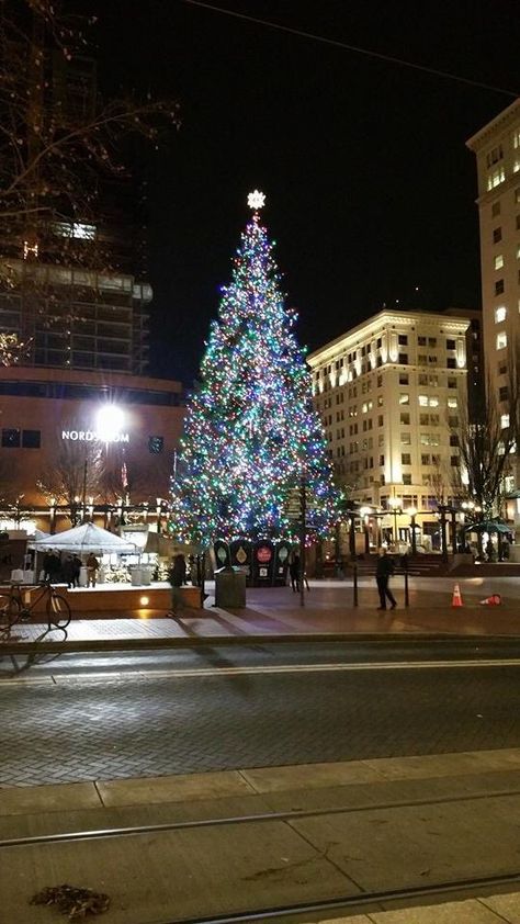 The Christmas Tree in Pioneer Courthouse Square in Portland, Oregon.  I sat in the square one evening in December just soaking in the atmosphere and the tree.  So love Christmas trees. Winter In Portland Oregon, Portland Oregon Christmas, Christmas In Oregon, Portland Christmas, Oregon Christmas, Oregon Aesthetic, Oregon Life, Aesthetic Places, Downtown Portland