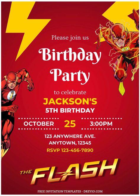 Get (Free Editable PDF) Scarlet Speedster The Flash Birthday Invitation Templates           Throughout the years, I think many parents had already taken their best for their kid’s birthday, from hosting it at a kind of Superhero th... Flash Birthday Party Invitations, Flash Themed Birthday Party, Super Hero Invitations Free, Flash Party Ideas, Flash Birthday Party Ideas, The Flash Birthday Party, Flash Birthday Invitation, Flash Birthday Party, Superhero Flash