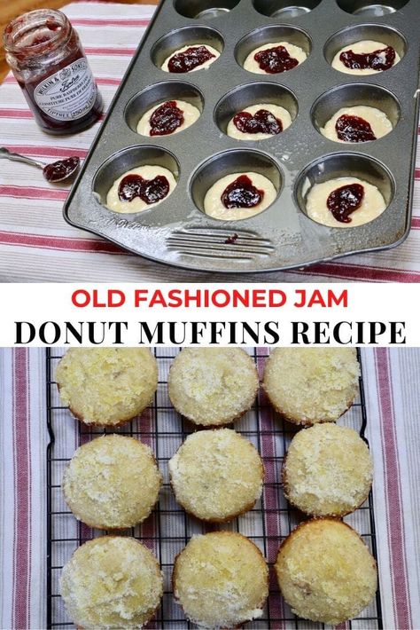 Easy Raspberry Jam, Donut Muffins Recipe, Jam Muffins, Pistachio Muffins, Jam Donut, Cake Donuts Recipe, Easy Donuts, Cinnamon Donuts, Donut Muffins