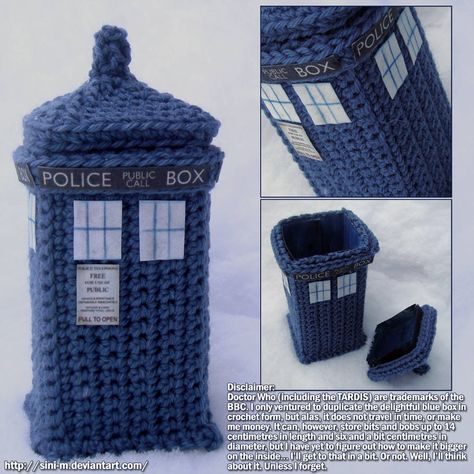 Crocheted Tardis Box by siniart Crochet Tardis, Doctor Who Crochet, Doctor Who Crafts, Geek Crafts, Crochet Inspo, Wibbly Wobbly Timey Wimey Stuff, Timey Wimey Stuff, Crochet Instructions, Scarf Crochet Pattern