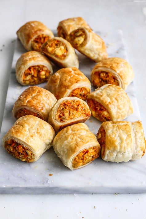 Carrot Chickpea Sausage Rolls - Brown Paper Nutrition Chickpea Sausage, Carrot Chickpea, Sausage Rolls Recipe, Vegetarian Sausages, Sausage Roll, Savory Pastry, Tasty Vegetarian Recipes, Sausage Rolls, Veggie Dishes