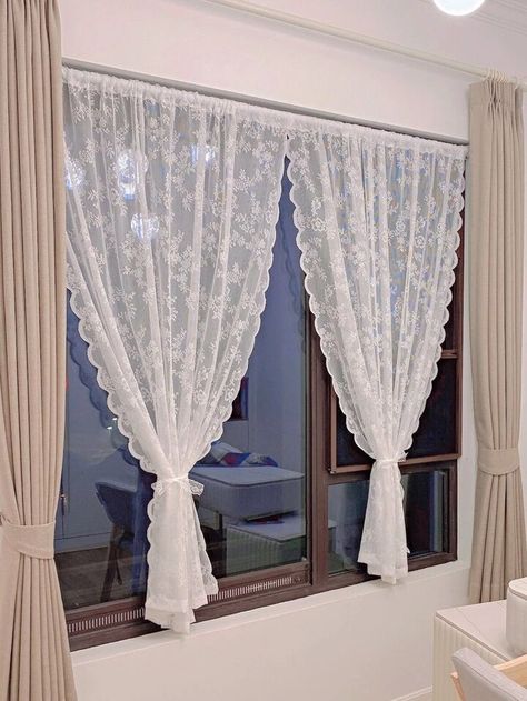 Women's & Men's Clothing, Shop Online Fashion SHEIN Curtains With Attached Valance, Scarf Curtains, White Lace Curtains, Window Sheers, Sheer Curtain Panels, Shade Screen, Rod Pocket Curtain Panels, Lace Curtains, Color Flower