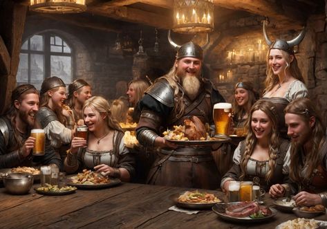 A group of people dressed as Vikings celebrate with food and drink in a rustic tavern setting. Viking Tavern, Tavern Scene, People Eater, A Group Of People, Group Of People, People Dress, St George, Chorus, A Group