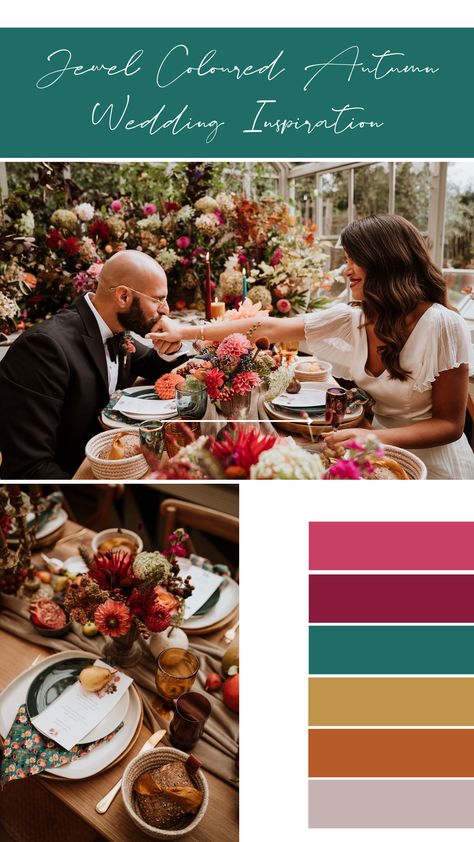 Beautiful autumn wedding inspiration with a rich jewel colour palette. Autumn Jewel Tones, Fall Jewel Tone Wedding Color Palettes, Autumn Wedding Colour Scheme, Jewel Tone Palette, Autumn Wedding Colors Palette, Jewel Tone Fall Wedding, September Wedding Colors Schemes, Gem Tone Wedding, Wedding Colour Palettes