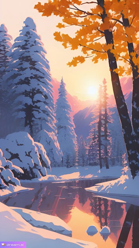 Winter Art Reference, Scenery Painting Aesthetic, Anime Christmas Background, Winter Anime Wallpaper, Snow Digital Art, Winter Digital Art, Snow Drawing, 8k Wallpaper Iphone, Wallpaper Iphone Ipad