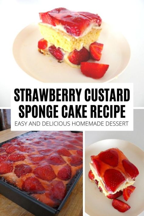 Strawberry Custard Sponge Cake Recipe - Polish Tort Truskawkowy Strawberry Custard Cake, Strawberry Sponge Cake Recipe, Custard Sponge Cake, Polish Pastry, Cake Cravings, Strawberry Custard, Doctored Cake Mix Recipes, Strawberry Sponge Cake, Cake With Strawberries