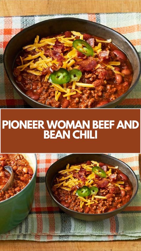 Pioneer Woman Beef and Bean Chili is made with ground beef, garlic, tomato sauce, chili powder, and kidney and pinto beans. This Beef and Bean beef chili recipe creates a delicious dinner that takes about 2 hours to prepare and can serve up to 8 people. Pioneer Woman Chilli Recipes, Kidney Bean Chili Recipes, Chilli With Beans Recipe, Beef And Bean Chili Recipes, Chili With Beef Broth, Chili With Beans And Ground Beef, Chili With Meat And Beans, Chilli Recipe No Beans, Pioneer Woman Chili Recipe