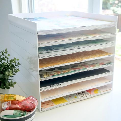 new Stackable Paper Tray - Project Idea - Scrapbook.com 12x12 Paper Storage, Scrapbook Paper Storage, Ink Pad Storage, Holographic Paper, Paper Organizer, Arts And Crafts Storage, Scrapbook Storage, Scrapbook Organization, Storage Bins With Lids