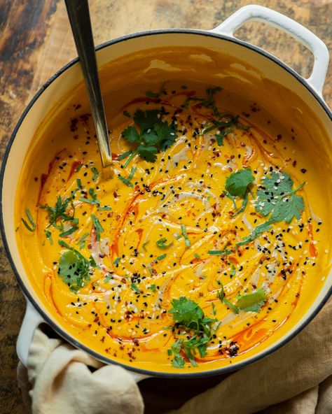 Spicy Sesame Carrot Soup with Red Lentils | The First Mess Carrot Miso Soup, Vegetarian Gourmet, Carrot And Lentil Soup, Dorm Food, Bon Apetit, Red Lentils, Carrot Soup, Vegan Soups, Soup Season