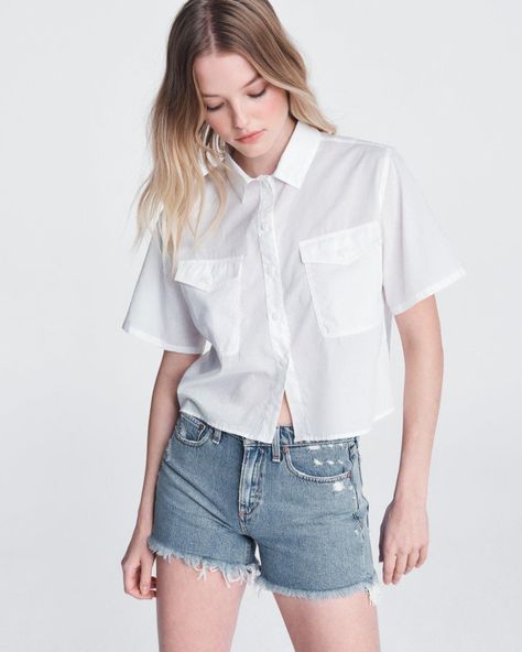 Joon Short Sleeve White Cropped Button Down | rag & bone White Polo Outfit, Teen Fashion Outfits Summer, Military Shirt, White Collared Shirt, Rayon Shirt, Fashion 101, Military Inspired, Button Front Shirt, Teen Fashion Outfits