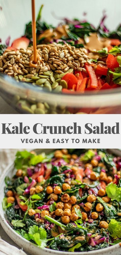 Plant Based Kale Recipes, Cruciferous Salad Recipes, Kale Crunch Salad, Coriander Salad, Massaged Kale Salad, Crunch Salad, Massaged Kale, Crispy Chickpeas, Ginger Sauce