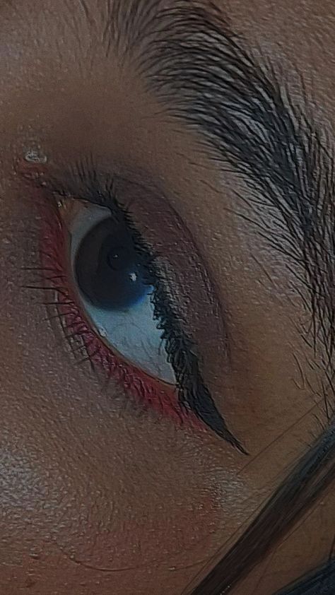 Indian skin tone, alternative/grunge red eye shadow under eye eyeliner Red Eyeshadow Under Eyes, Red Under Eyeliner, Makeup On Indian Skin, Red Undereye Makeup, Eyeliner Under The Eye, Black Undereye, Red Under Eye Makeup, Red Under Eye, Eyeliner Indian