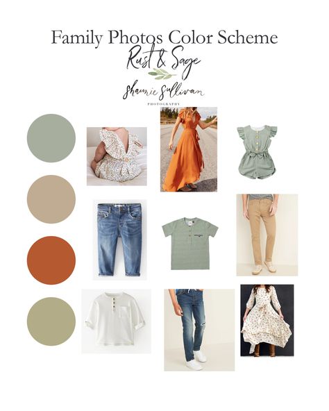 Family Photo Outfits Color Schemes - Rust & Sage | The first of a few great color scheme choices that I will be sharing in the upcoming weeks! Because Rust And Sage Family Photo Outfits, Sage And Rust Family Photos, Sage Photoshoot Outfits, Rust Color Palette Family Photos, Sage Family Picture Outfits, Rust Family Photo Outfits, Family Photo Outfits Color Schemes, Family Photos Color Scheme, Portrait Outfits