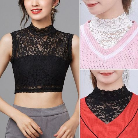 Mini Cape Womens Summer Spring Transparent Mesh Basic Long Sleeve Top Mock Neck Solid Color Embroidered Lace Check more at https://rawedat.com/false-collar-mini-cape-womens-summer-spring-transparent-mesh-basic-long-sleeve-top-mock-neck-solid-color-embroidered-lace/ Low Neck Blouse, Working Outfit, 70s Women Fashion, Fashion Hashtags, Collar Embroidery, False Collar, Fast Fashion Brands, Lace Vest, Boots Women Fashion