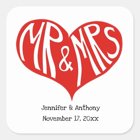 Mr and Mrs Red and White Heart Shape Wedding Mr And Mrs Stickers, Mr And Mrs, White Heart, Heart Shape, Sticker Labels, Note Pad, Thank You Cards, Heart Shapes, Water Bottles