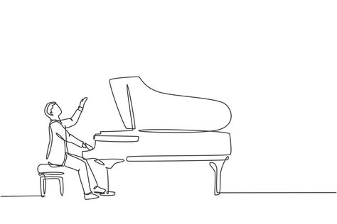 Pianist Tattoo, Pianist Drawing, One Continuous Line Drawing, Single Line Drawing, Line Sketch, Piano Man, Continuous Line Drawing, Playing Piano, Grand Piano