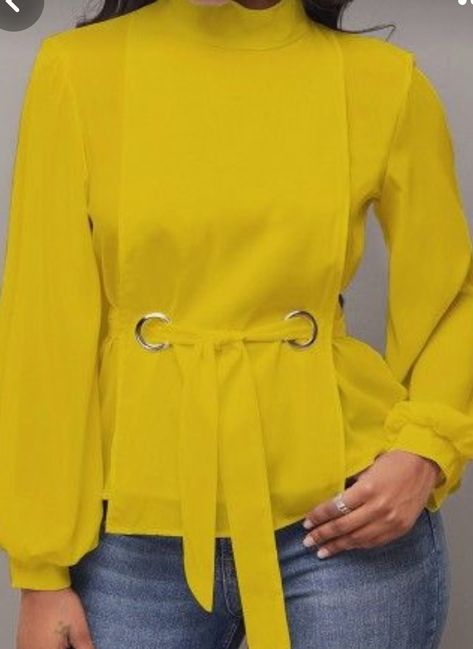 Belted Blouse, Belt Blouse, Top Summer Outfits, Casual Blouse Shirts, Women Blouses Fashion, Trendy Tops For Women, Yellow Outfit, Mock Neck Long Sleeve, Classy Work Outfits