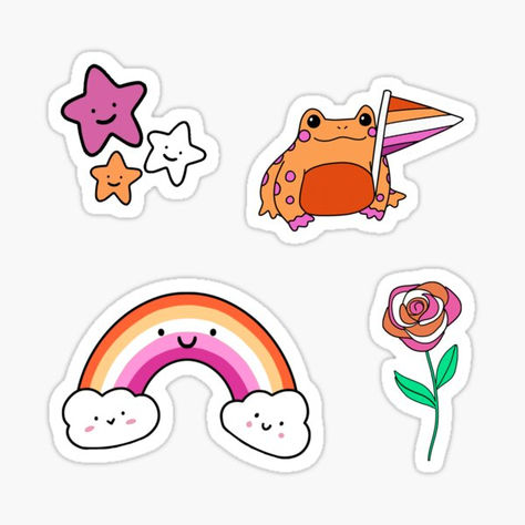 this adorable sticker pack features 4 lesbian pride stickers: some cute little stars, a pride froggy holding a flag, a rainbow, and a rose, all colored in with the lesbian pride flag colors! Lesbian Flag Sticker, Sapphic Stickers, Lesbian Stickers, 2025 Moodboard, Lesbian Pride Flag, Pride Flag Colors, Woman Loving Woman, Lesbian Flag, Pride Stickers