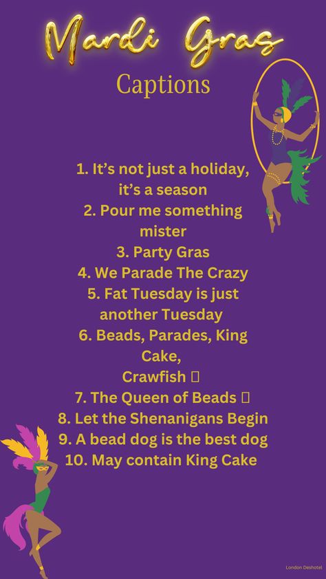 Mardi Gras Krewe Names, Mardi Gras Captions Instagram, Mardi Gras Captions, Mardi Gras Quotes, Mardi Gras Party Food, Mardi Gras Activities, Anniversary Quotes Funny, 21 Day Fix Diet, Birthday Vibes