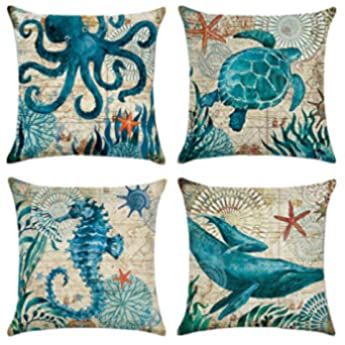 All Smiles Beach Decorative Cushion Covers Pillow Cases Outdoor Patio Ocean Summer Theme Take Me to the Beach Cushion Home Décor: Amazon.co.uk: Kitchen & Home Coastal Pillows, Sea Theme, Linen Throw, Ocean Themes, Linen Cushion, Throw Pillow Cases, Sea Animals, Linen Pillows, Sofa Decor