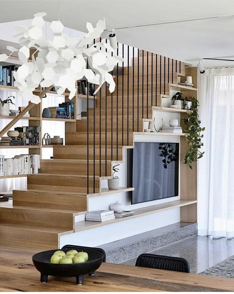 Stairs Wall Decor Ideas, Living Room Under Stairs, Staircase In Living Room, Stairs Wall Decor, Room Under Stairs, تحت الدرج, Ruang Tv, Staircase Design Modern, Stairs Design Interior