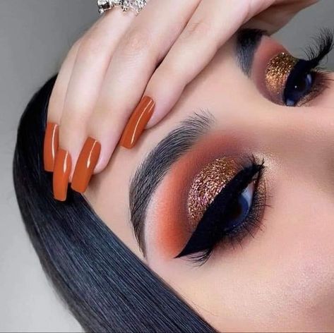 Thanksgiving Makeup, Fall Eye Makeup, Orange Eye Makeup, Crease Makeup, Gold Makeup Looks, Sweet Nails, 70s Makeup, Nail Makeup, Arabic Makeup