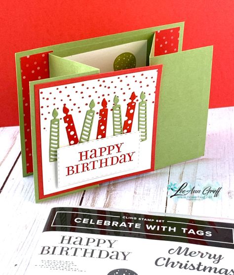 Celebrate With Tags Stampin Up Cards, Su Birthday Cards, Stampin Up Celebrate With Tags, Candle Dies, Celebrate With Tags Bundle, Fun Fold Cards Tutorials Templates, Celebrate With Tags, Photo From Above, Leeann Greff