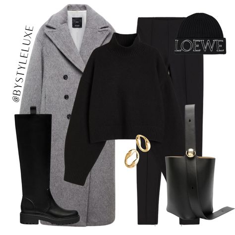 Grey Coat Outfit Winter, Black And Beige Outfit, Grey Coat Outfit, Shop The Outfit, Winter Coat Outfits, Beige Outfit, Coat Outfit, Paris Outfits, Grey Coat