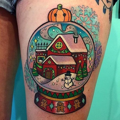 Snow Globe Tattoo, Snowglobe Tattoo, Christmas Tattoo Ideas, Holiday Tattoos, Xmas Tattoo, Globe Tattoo, Christmas Tattoos, Globe Tattoos, Tattoo Mini