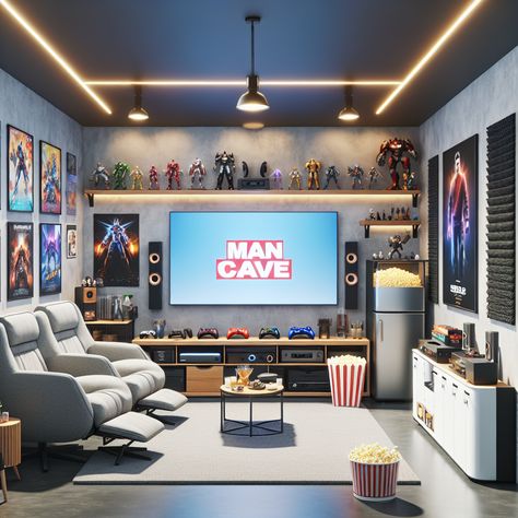 Elevate your gaming experience in a man cave furnished with cozy chairs, a large screen setup, & an array of gaming consoles. Mood lighting sets the scene while a mini fridge & popcorn machine keep you fueled. Don't forget the wall decor & collectibles! #ManCave #GamingRoom #InteriorDesign #HomeDecor #VideoGames #EntertainmentRoom Man Cave Ideas Game Room, Game Room Tv Setup, Gamer Tv Wall, Sophisticated Gaming Room, Game Room Office Combo Ideas, Cozy Game Room Ideas, Gaming Lounge Interior Design, Mini Game Room, Man Cave Small Room