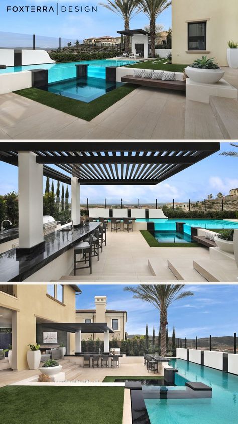 What if you want a modern backyard design, but also want it to match your home’s architecture and style? This yard is proof that you can get an ultra-luxurious backyard transformation and have it seamlessly fit with the existing exterior. This coastal modern luxury backyard oasis features a glass sided pool with swim up bar, & family friendly backyard layout with outdoor dining. Save under: turf backyard ideas, dream backyard pool, luxury backyards, backyard landscape design Dream Backyard Pool Luxury, Turf Backyard Ideas, Modern Luxury Backyard, Family Friendly Backyard, Pool With Swim Up Bar, Luxury Backyard Design, Luxury Backyards, Turf Backyard, Luxurious Backyard