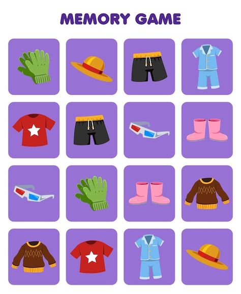 Memory Games Printable, Clothes Memory Game, Sentra Persiapan, Clothes Worksheet, Memory Clothes, Game Worksheet, Cartoon Gloves, Craft Work For Kids, Easter Templates