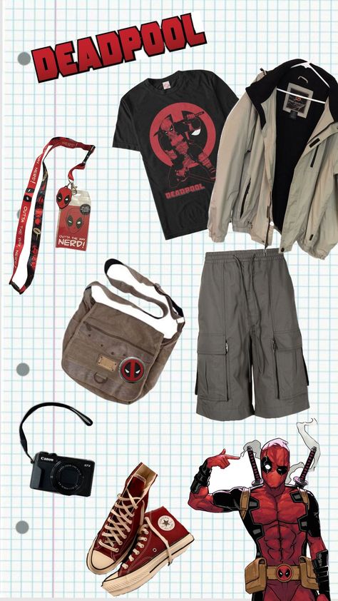 deadpool closet 🧷 Deadpool Disneybound, Deadpool And Wolverine Outfit Ideas, Deadpool Outfit Ideas, Deadpool Inspired Outfit, Deadpool Clothes, Deadpool Oc, Deadpool Merch, Deadpool Theme, Deadpool Backpack