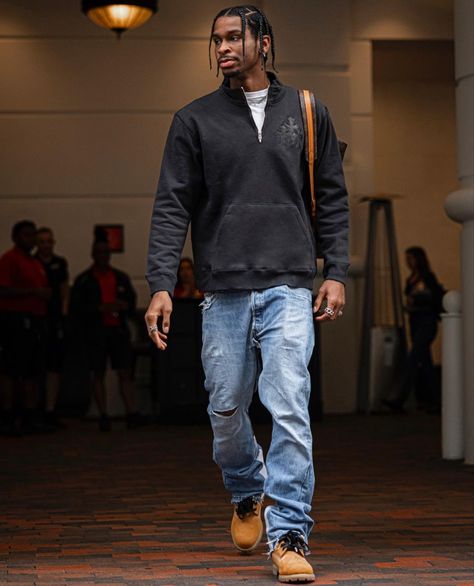 Shai Alexander Fashion, Timberland Boots Outfit Mens Casual, Sga Outfits, Shai Alexander, Timbs Outfit Men, Streetwear Baggy Jeans, Timberland Boots Outfit Mens, Looks Hip Hop, Dress Hoodie