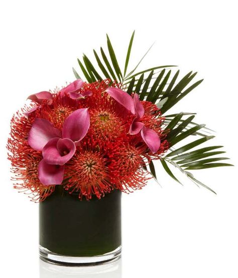 Flower Arranging Tutorial, Pincushion Protea, Tall Floral Arrangements, Pink Calla Lilies, Luxury Bouquet, Tropical Floral Arrangements, Luxury Flower Bouquets, Calla Lily Bouquet, Lily Bouquet