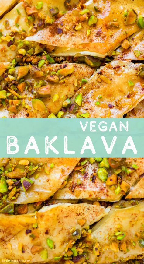 Simple Vegan Baklava Recipe - HealthyHappyLife.com Homemade Baklava Recipe, Vegan Baklava, Falafel Pita, Pita Sandwiches, Baklava Recipe, Vegan Substitutes, Phyllo Dough, Vegan Condiments, Healthy Dessert Recipes