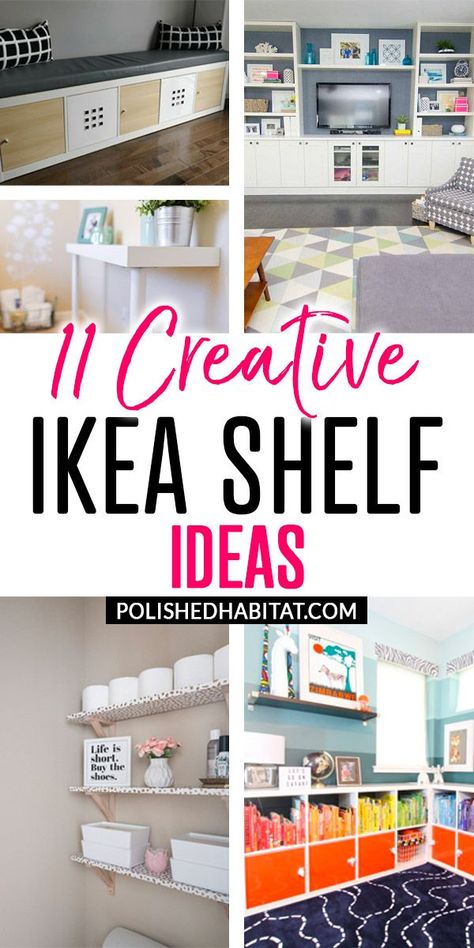 IKEA shelves are affordable, but sometimes boring. These easy IKEA shelf hacks will help you add stylish storage to better organize every room in your house...on a budget! Ikea Craft Room Wall Shelves, Ikea High Shelves, Ikea Wall Mounted Shelves, Kitchen Wall Storage Ideas Ikea Hacks Open Shelving, Shelving Units Storage, How To Add Storage To A House, Burhult Shelf Ideas, Frebro Mirror Hack, Ikea Shelving Hacks